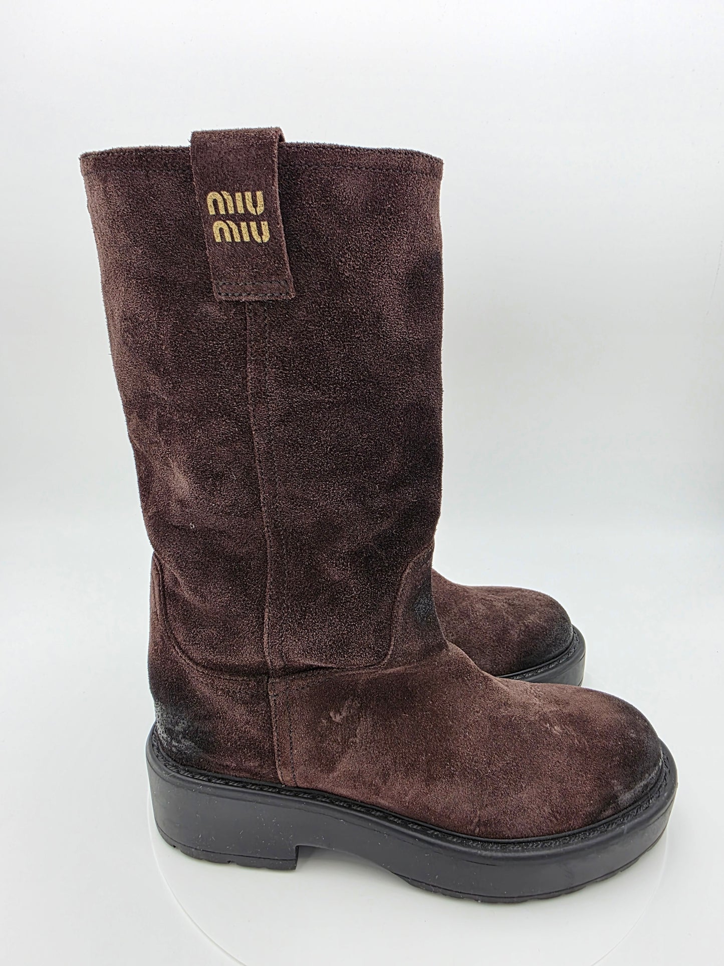 Miu Miu Suede Mid-Calf Moto Boots in Dark Brown