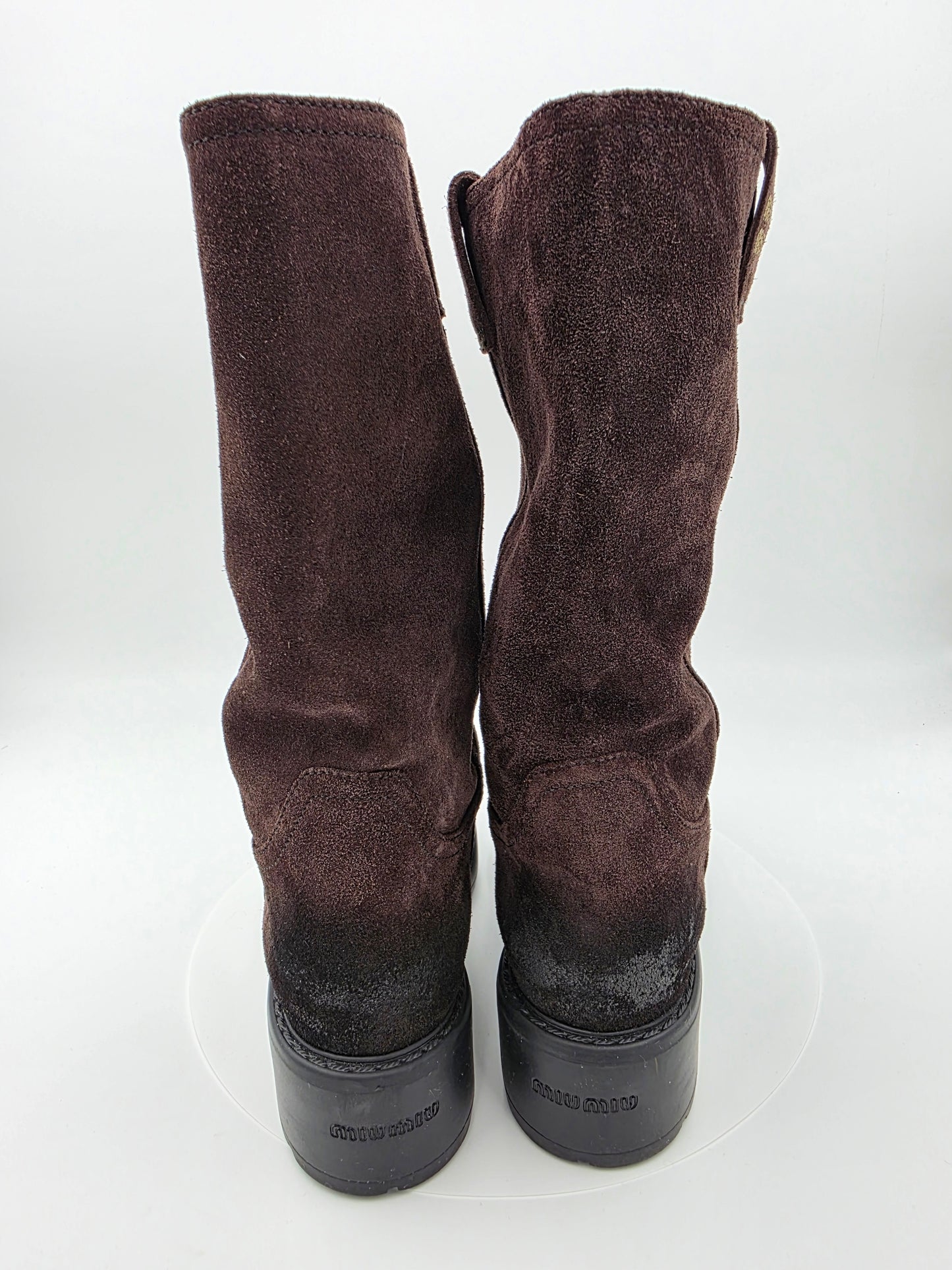 Miu Miu Suede Mid-Calf Moto Boots in Dark Brown