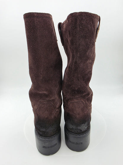 Miu Miu Suede Mid-Calf Moto Boots in Dark Brown