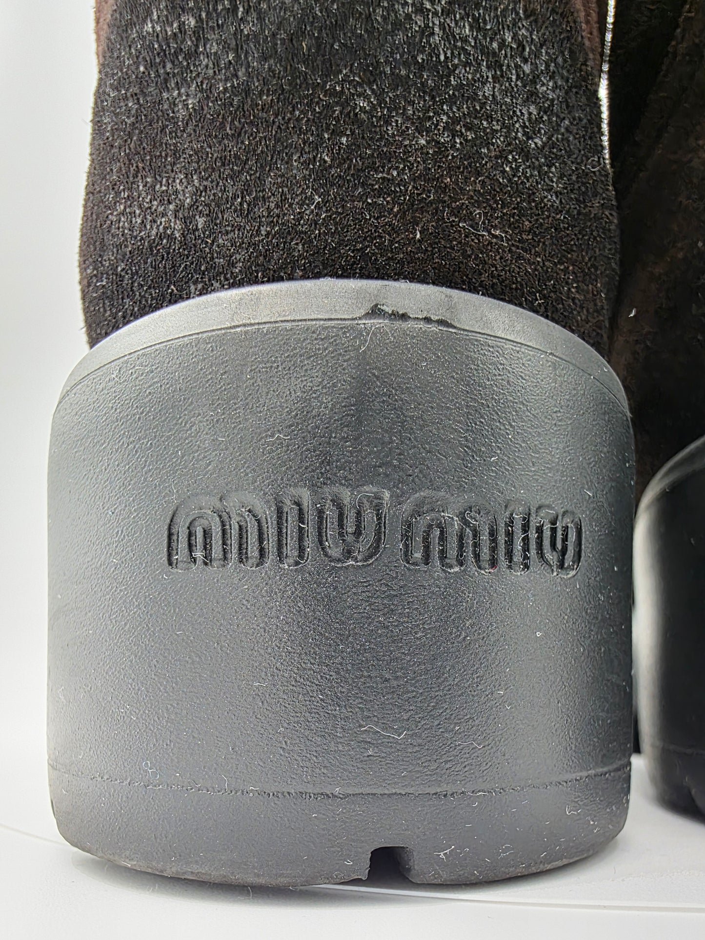 Miu Miu Suede Mid-Calf Moto Boots in Dark Brown