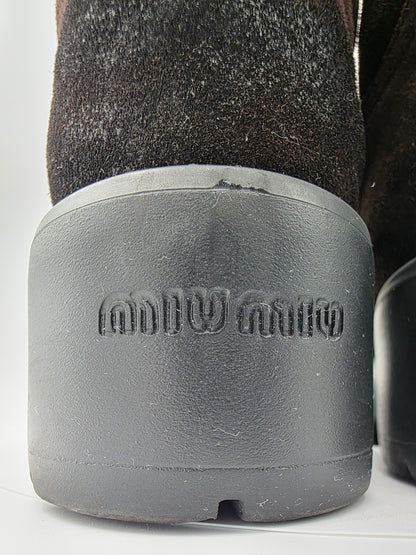 Miu Miu Suede Mid-Calf Moto Boots in Dark Brown