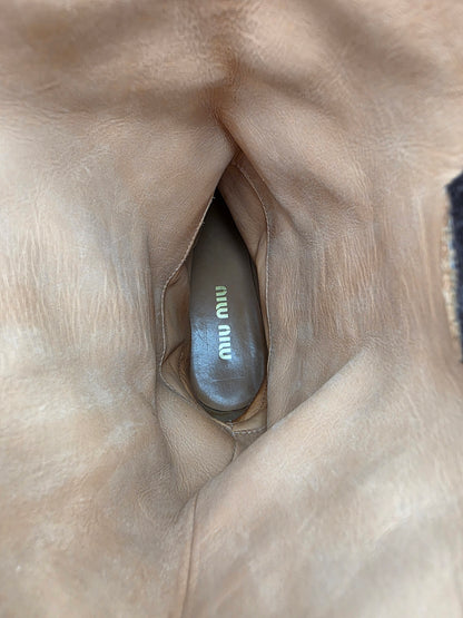 Miu Miu Suede Mid-Calf Moto Boots in Dark Brown