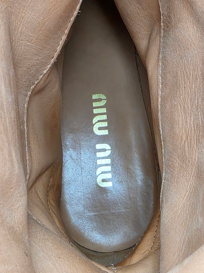 Miu Miu Suede Mid-Calf Moto Boots in Dark Brown