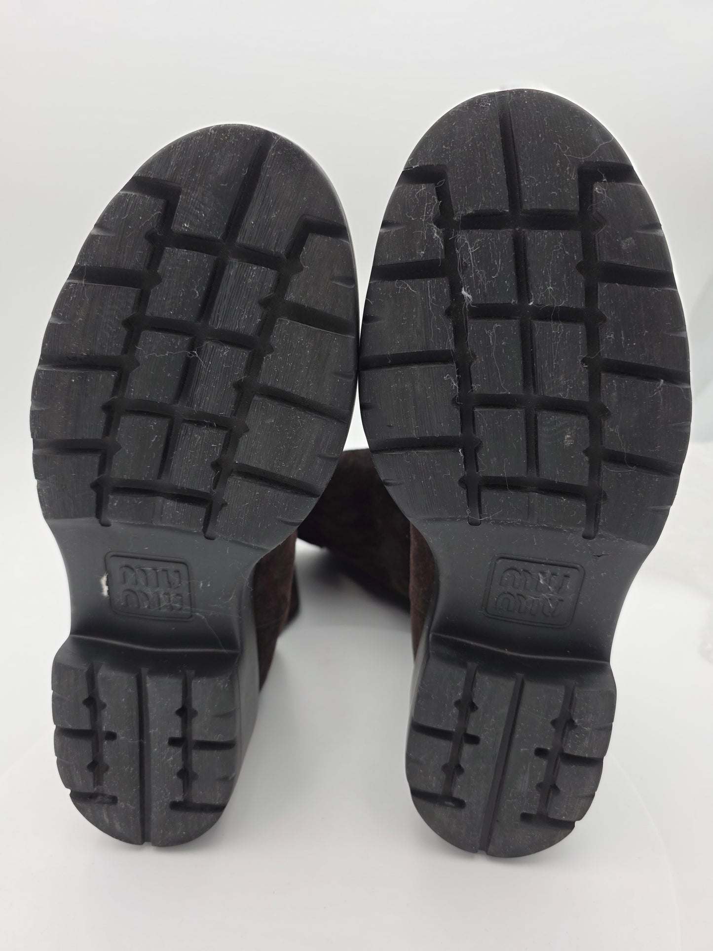 Miu Miu Suede Mid-Calf Moto Boots in Dark Brown