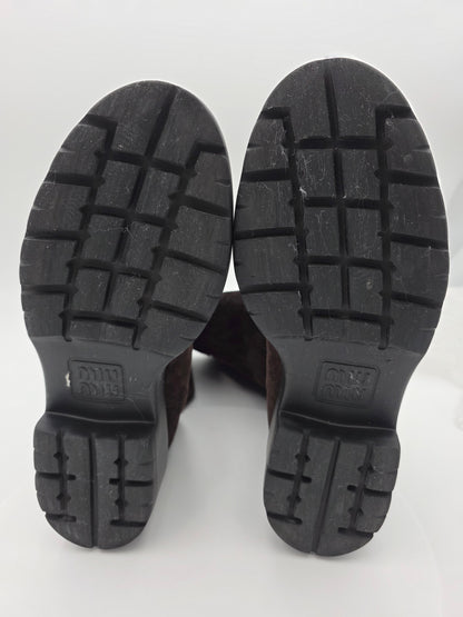 Miu Miu Suede Mid-Calf Moto Boots in Dark Brown