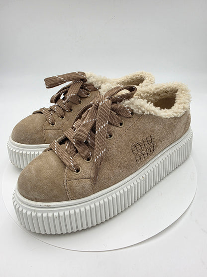 Miu Miu Suede and Shearling Platform Sneakers in Desert Beige