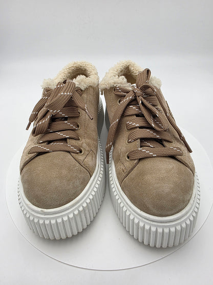 Miu Miu Suede and Shearling Platform Sneakers in Desert Beige