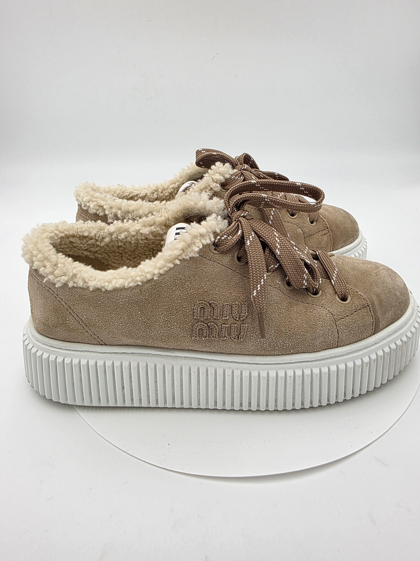 Miu Miu Suede and Shearling Platform Sneakers in Desert Beige