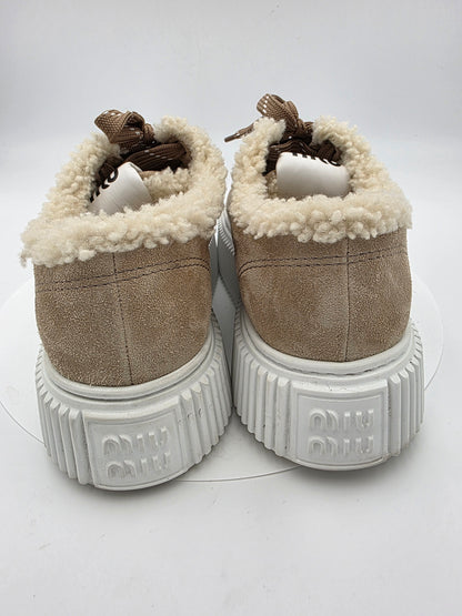 Miu Miu Suede and Shearling Platform Sneakers in Desert Beige