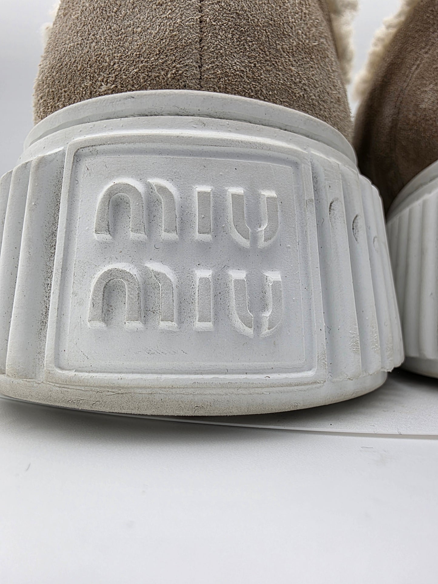 Miu Miu Suede and Shearling Platform Sneakers in Desert Beige
