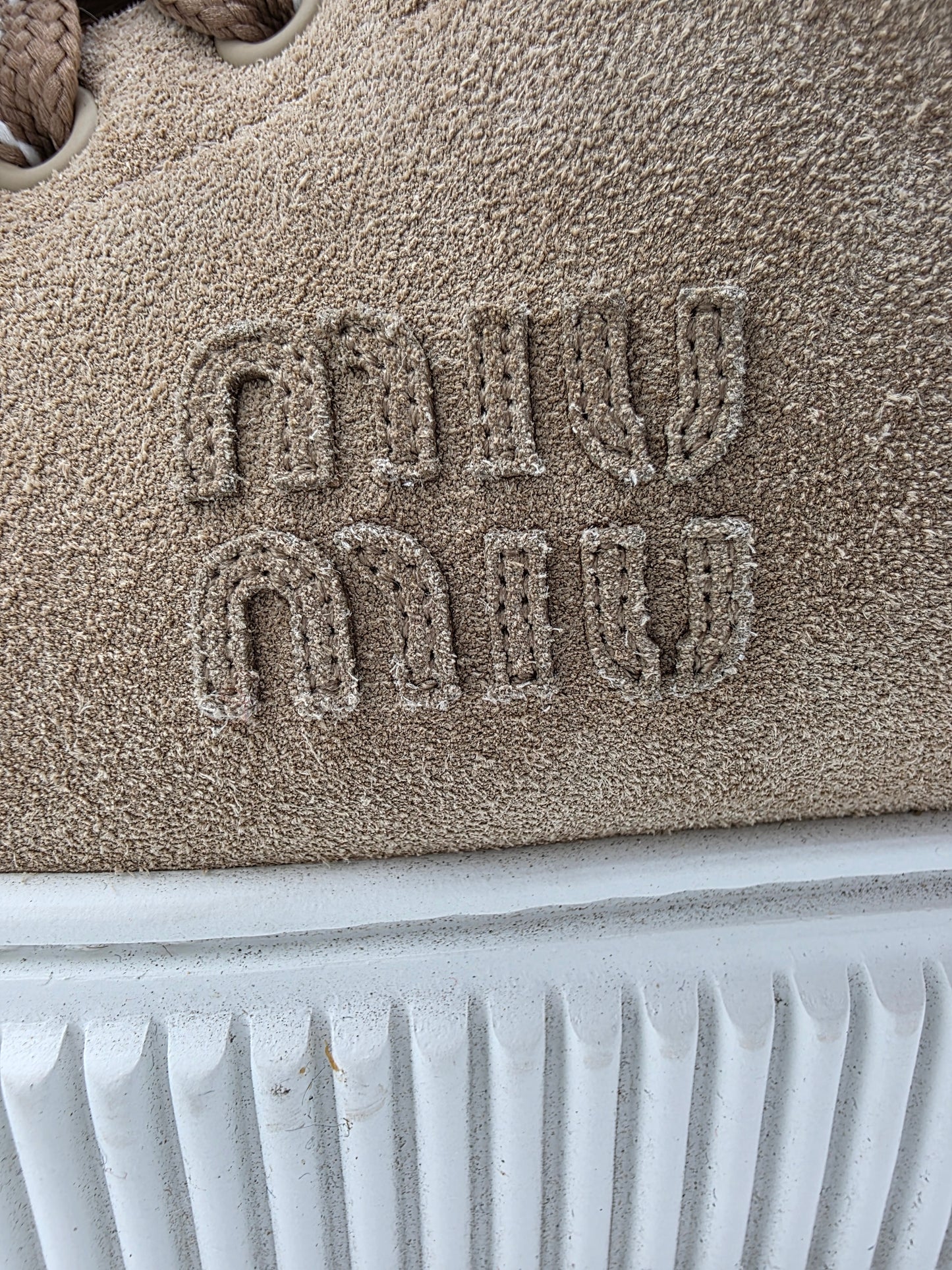 Miu Miu Suede and Shearling Platform Sneakers in Desert Beige