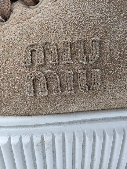 Miu Miu Suede and Shearling Platform Sneakers in Desert Beige