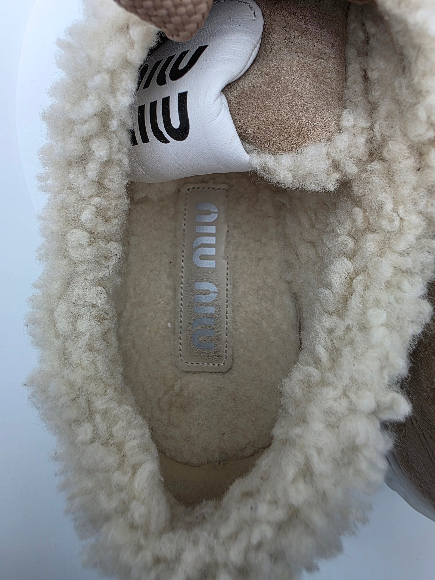 Miu Miu Suede and Shearling Platform Sneakers in Desert Beige