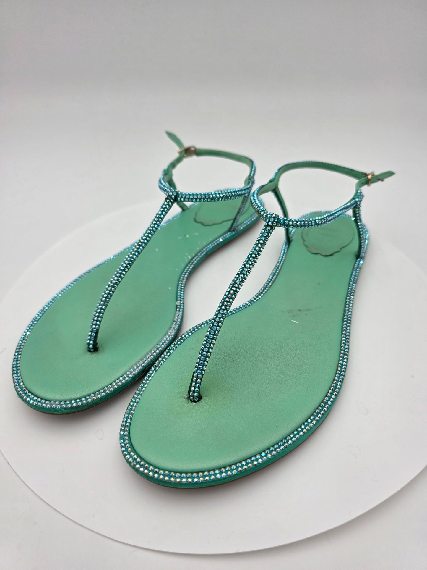 René Caovilla Diana Embellished Flat Sandals in Green