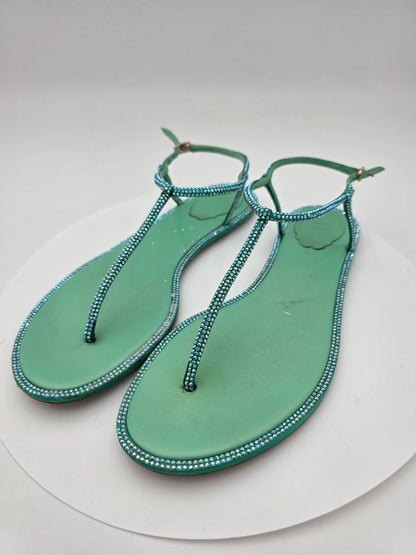 René Caovilla Diana Embellished Flat Sandals in Green