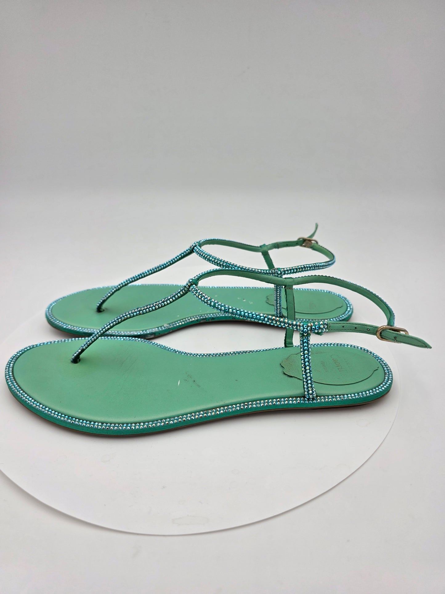 René Caovilla Diana Embellished Flat Sandals in Green