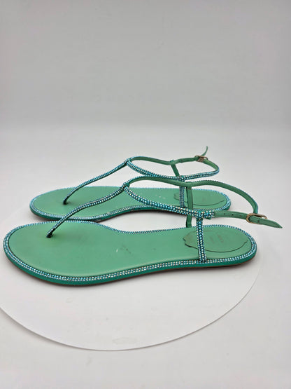 René Caovilla Diana Embellished Flat Sandals in Green