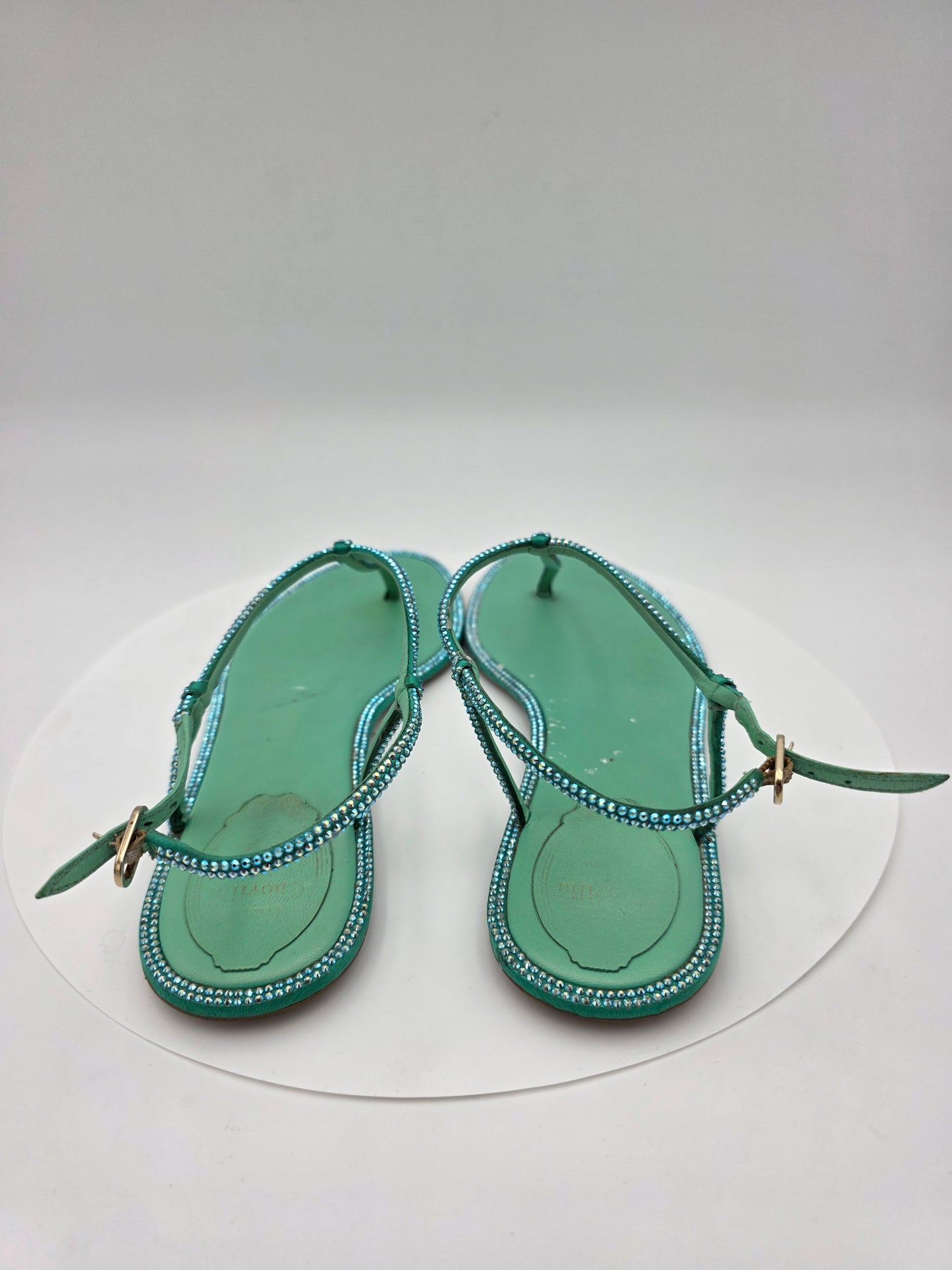 René Caovilla Diana Embellished Flat Sandals in Green