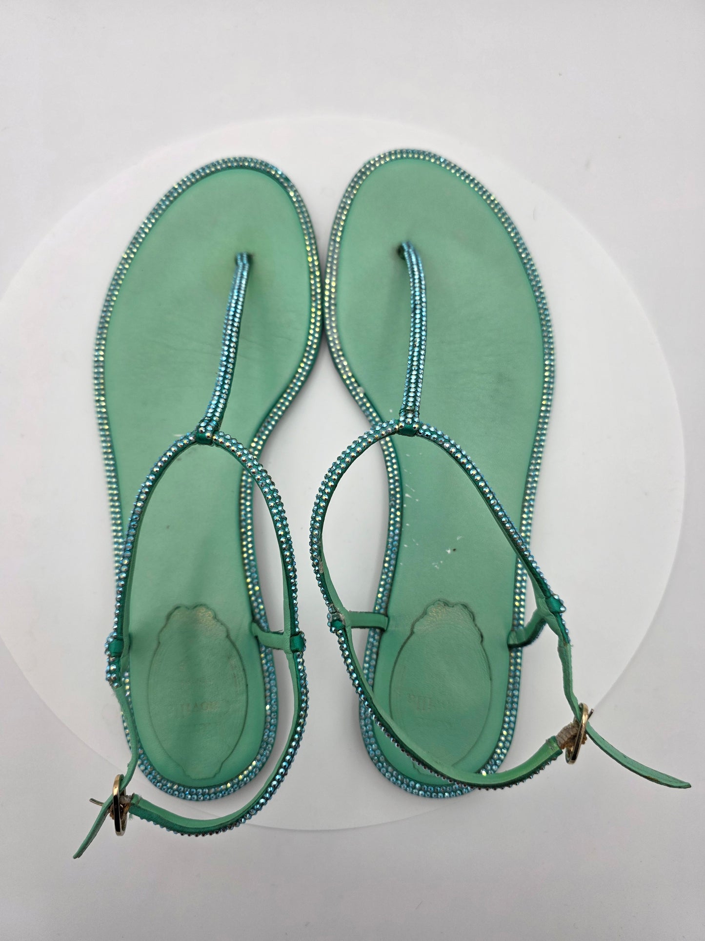 René Caovilla Diana Embellished Flat Sandals in Green
