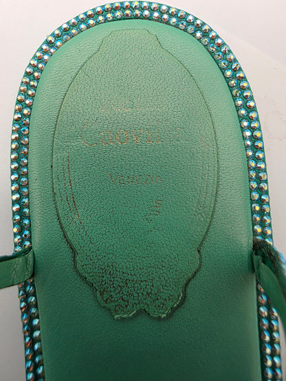 René Caovilla Diana Embellished Flat Sandals in Green