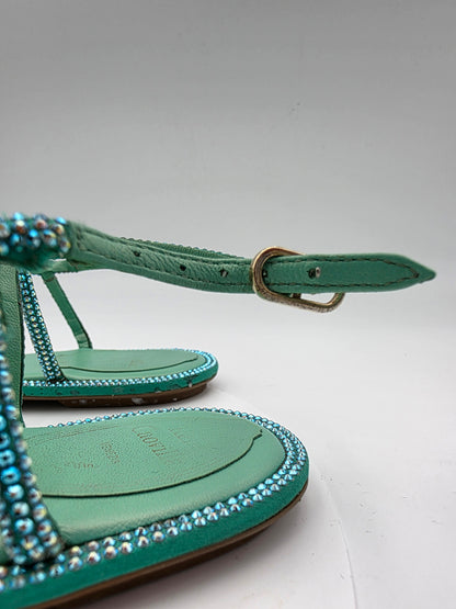 René Caovilla Diana Embellished Flat Sandals in Green