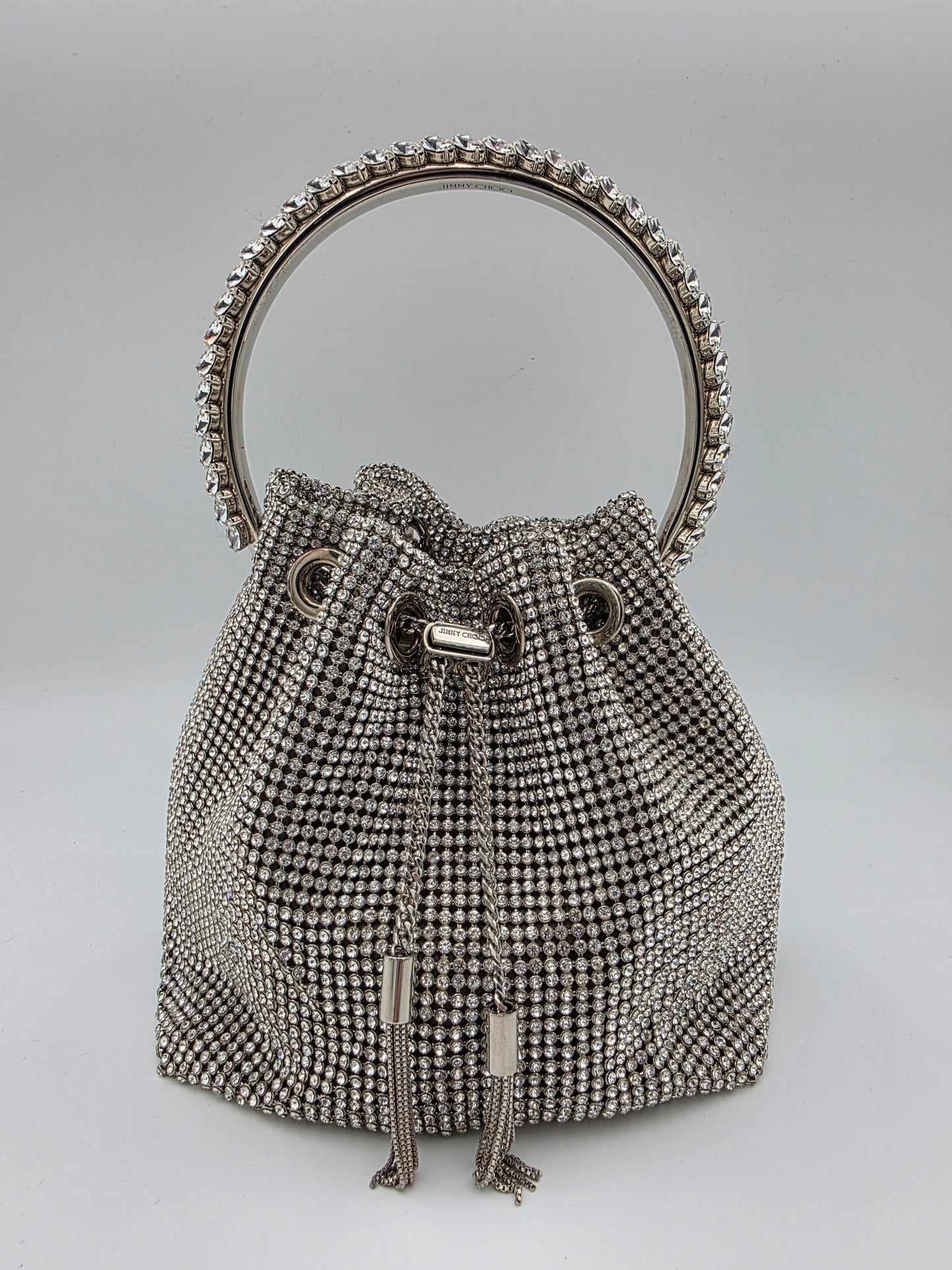 Jimmy Choo Micro Bon Bon Crystal Mesh Bag in Silver