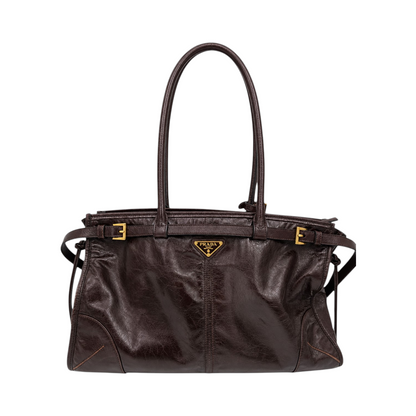 Prada Bonnie Large Leather Handbag in Dark Brown