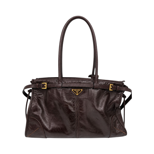 Prada Bonnie Large Leather Handbag in Dark Brown