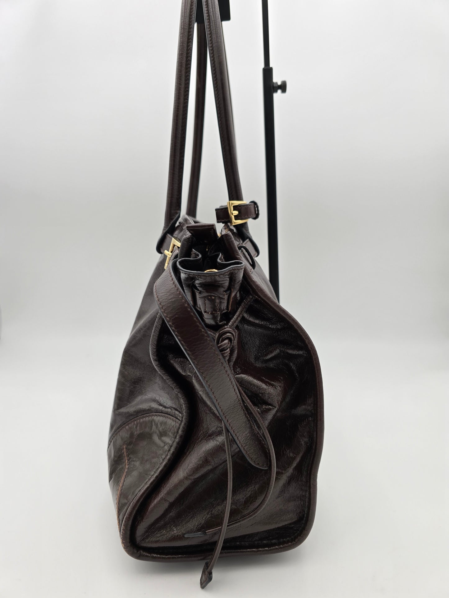 Prada Bonnie Large Leather Handbag in Dark Brown