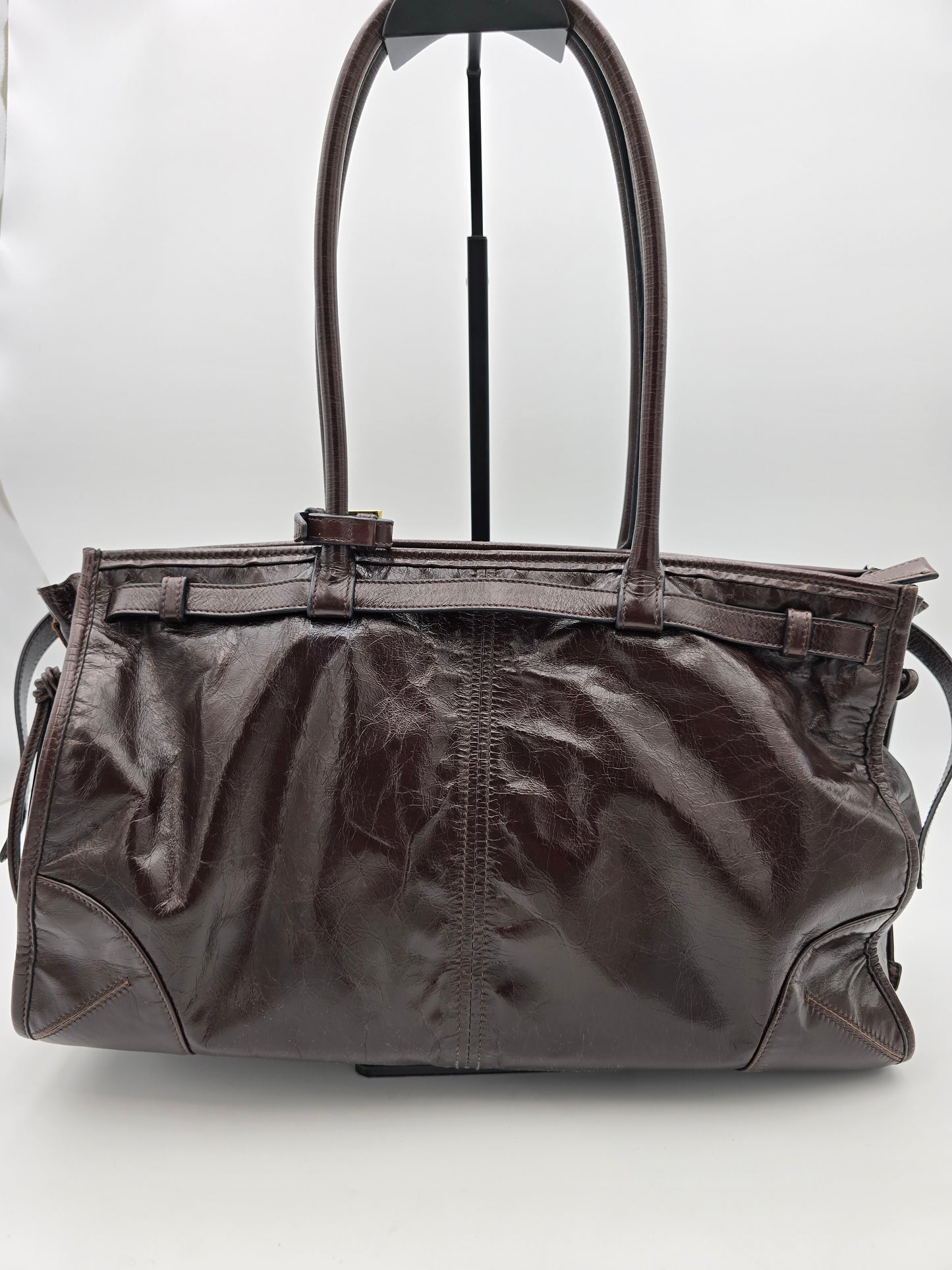 Prada Bonnie Large Leather Handbag in Dark Brown