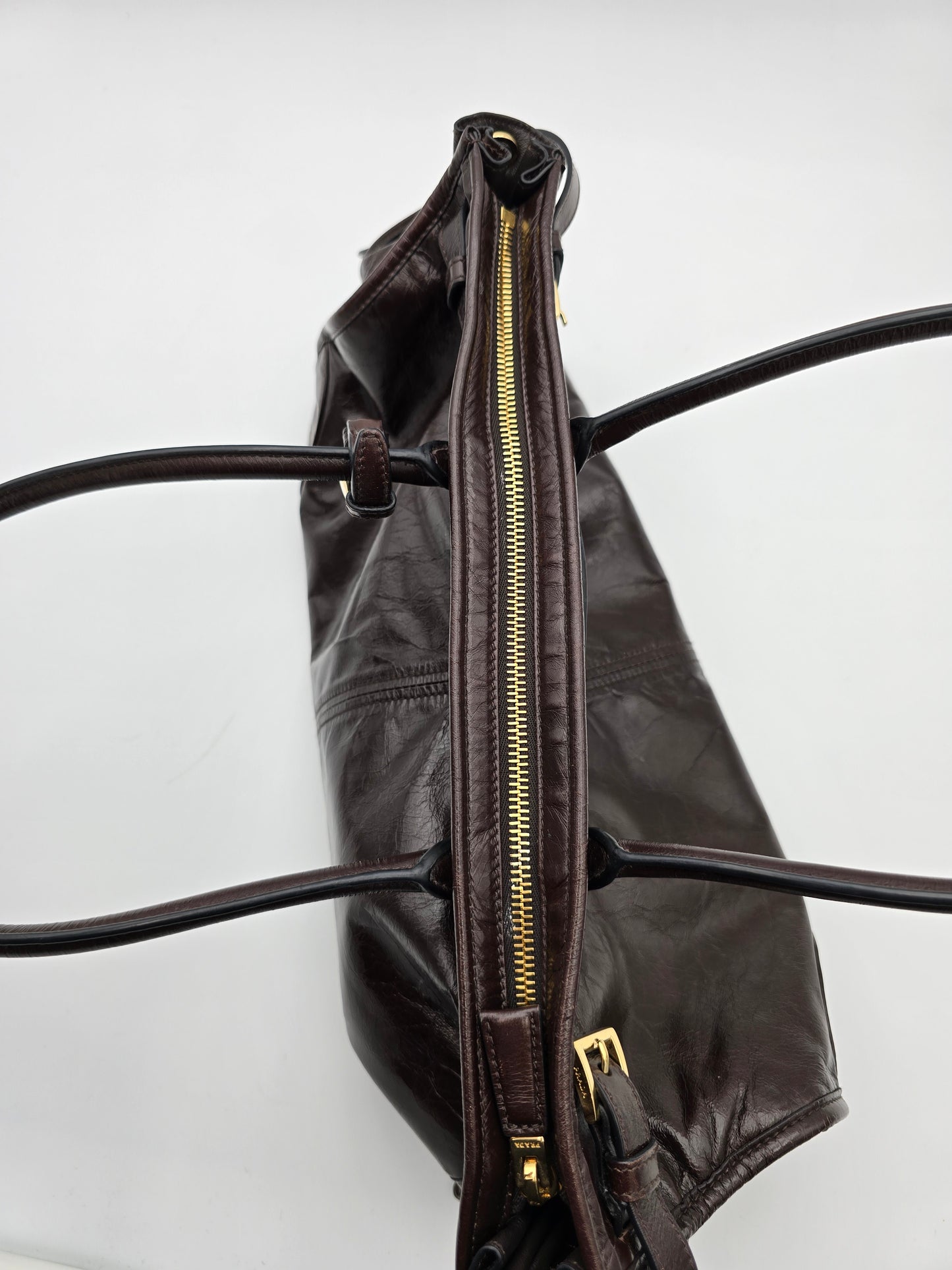 Prada Bonnie Large Leather Handbag in Dark Brown