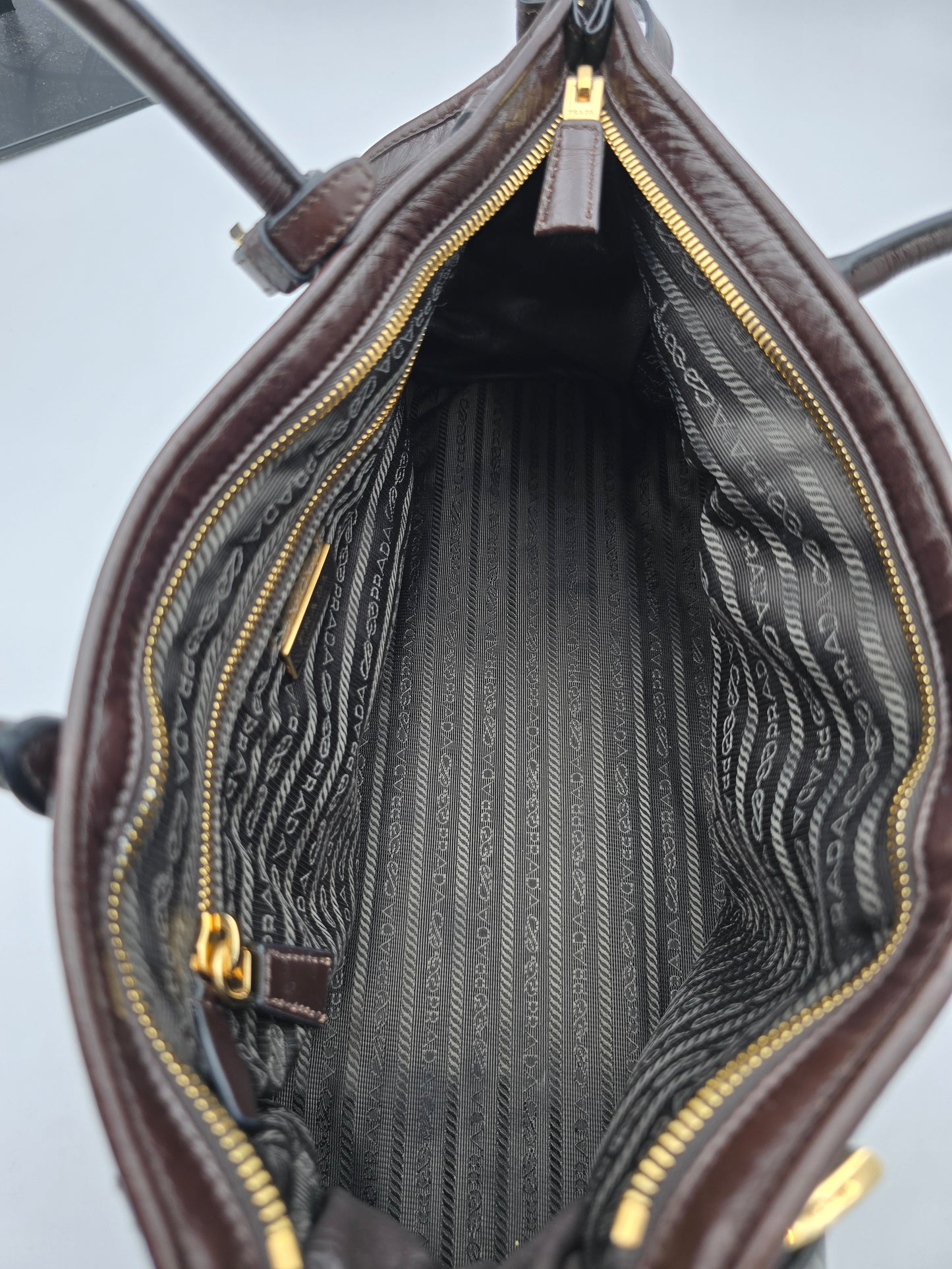 Prada Bonnie Large Leather Handbag in Dark Brown