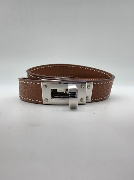 Hermès Kelly Double Tour Bracelet in Fauve Barenia with Palladium Hardware