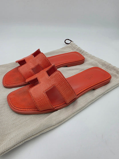 Hermès Oran Sandals in Orange Lizard Skin