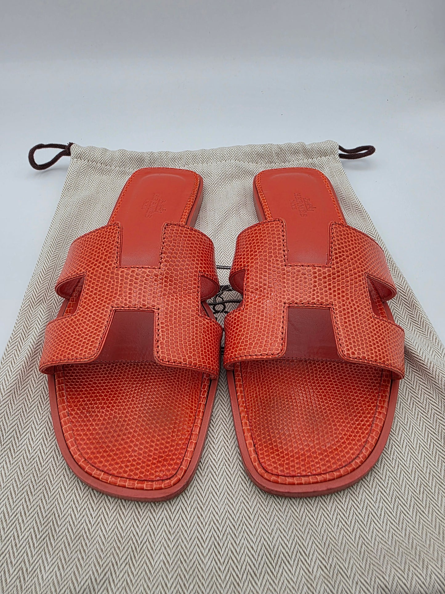 Hermès Oran Sandals in Orange Lizard Skin