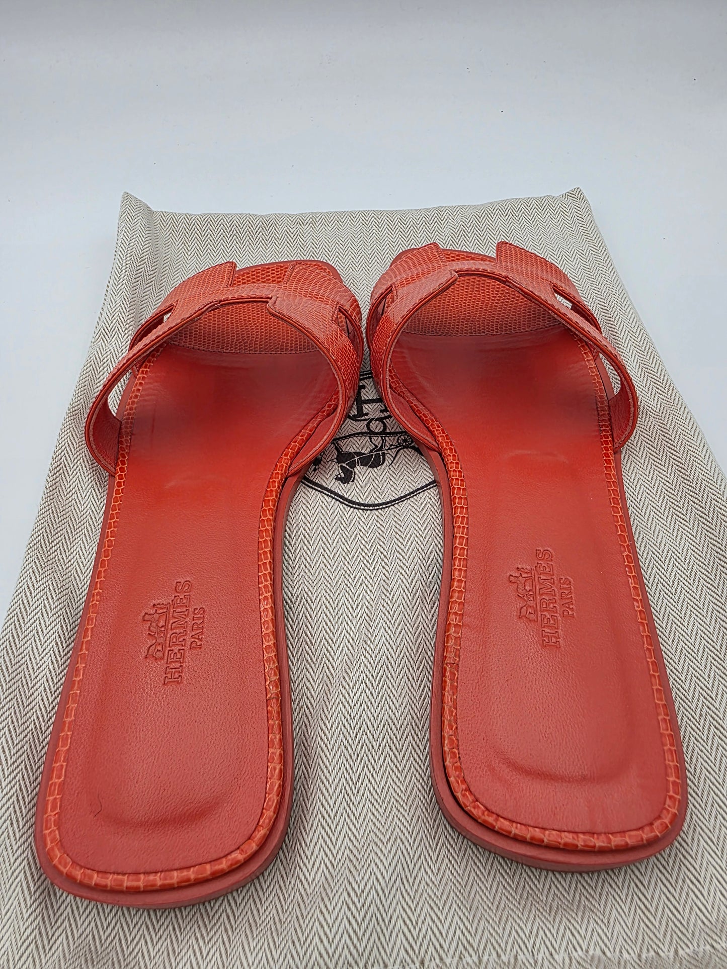 Hermès Oran Sandals in Orange Lizard Skin