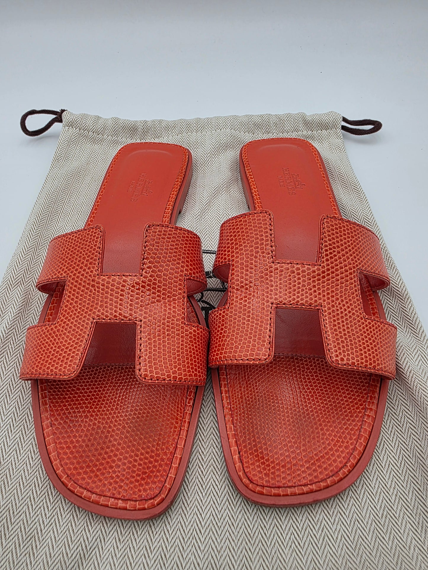 Hermès Oran Sandals in Orange Lizard Skin