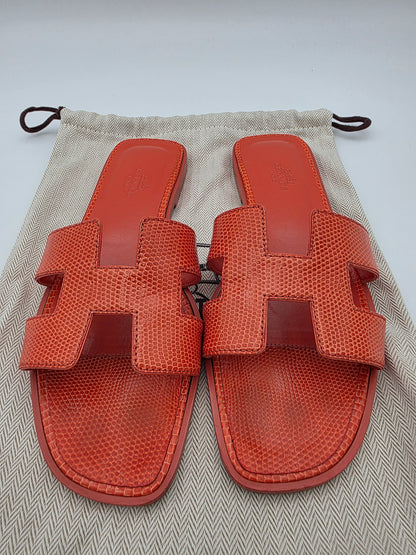 Hermès Oran Sandals in Orange Lizard Skin
