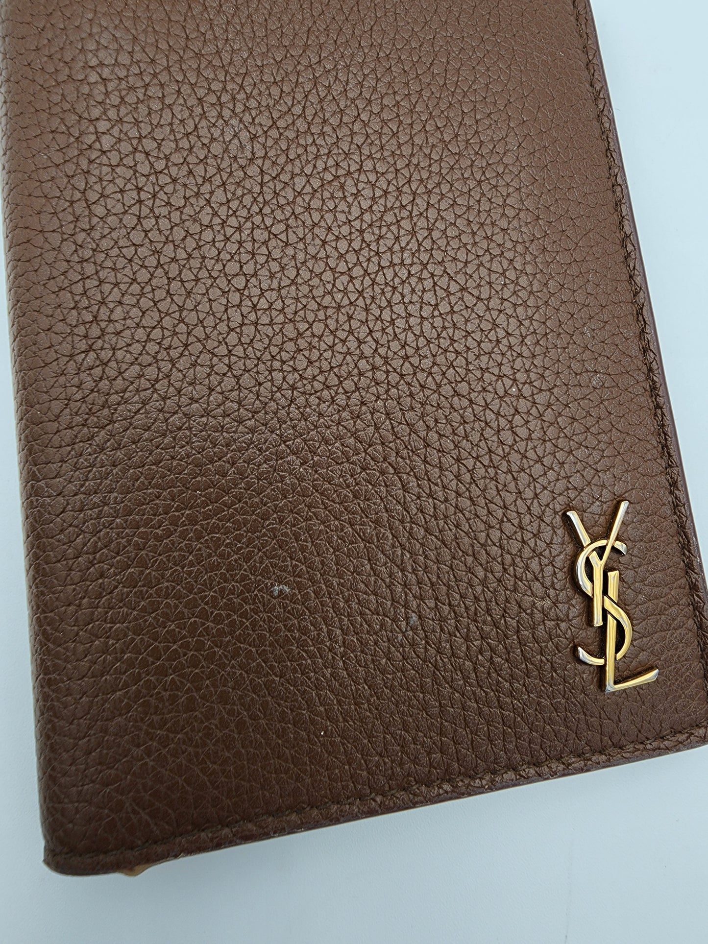 Saint Laurent Tiny Cassandre Credit Card Wallet in Toasted Brown Grained Leather