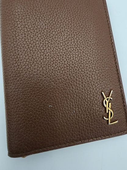 Saint Laurent Tiny Cassandre Credit Card Wallet in Toasted Brown Grained Leather