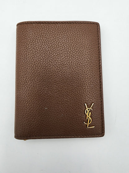 Saint Laurent Tiny Cassandre Credit Card Wallet in Toasted Brown Grained Leather