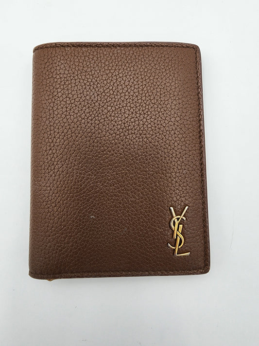 Saint Laurent Tiny Cassandre Credit Card Wallet in Toasted Brown Grained Leather