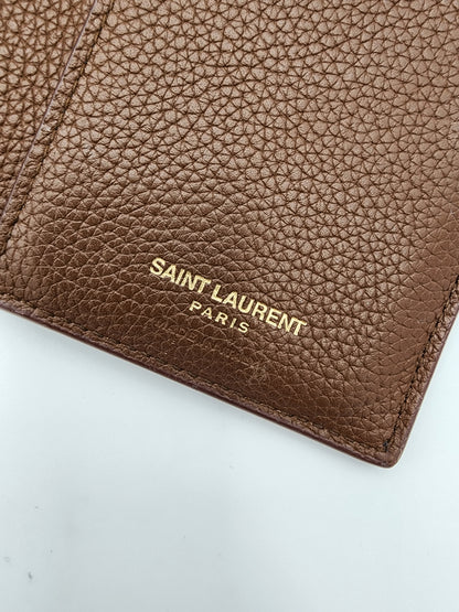 Saint Laurent Tiny Cassandre Credit Card Wallet in Toasted Brown Grained Leather
