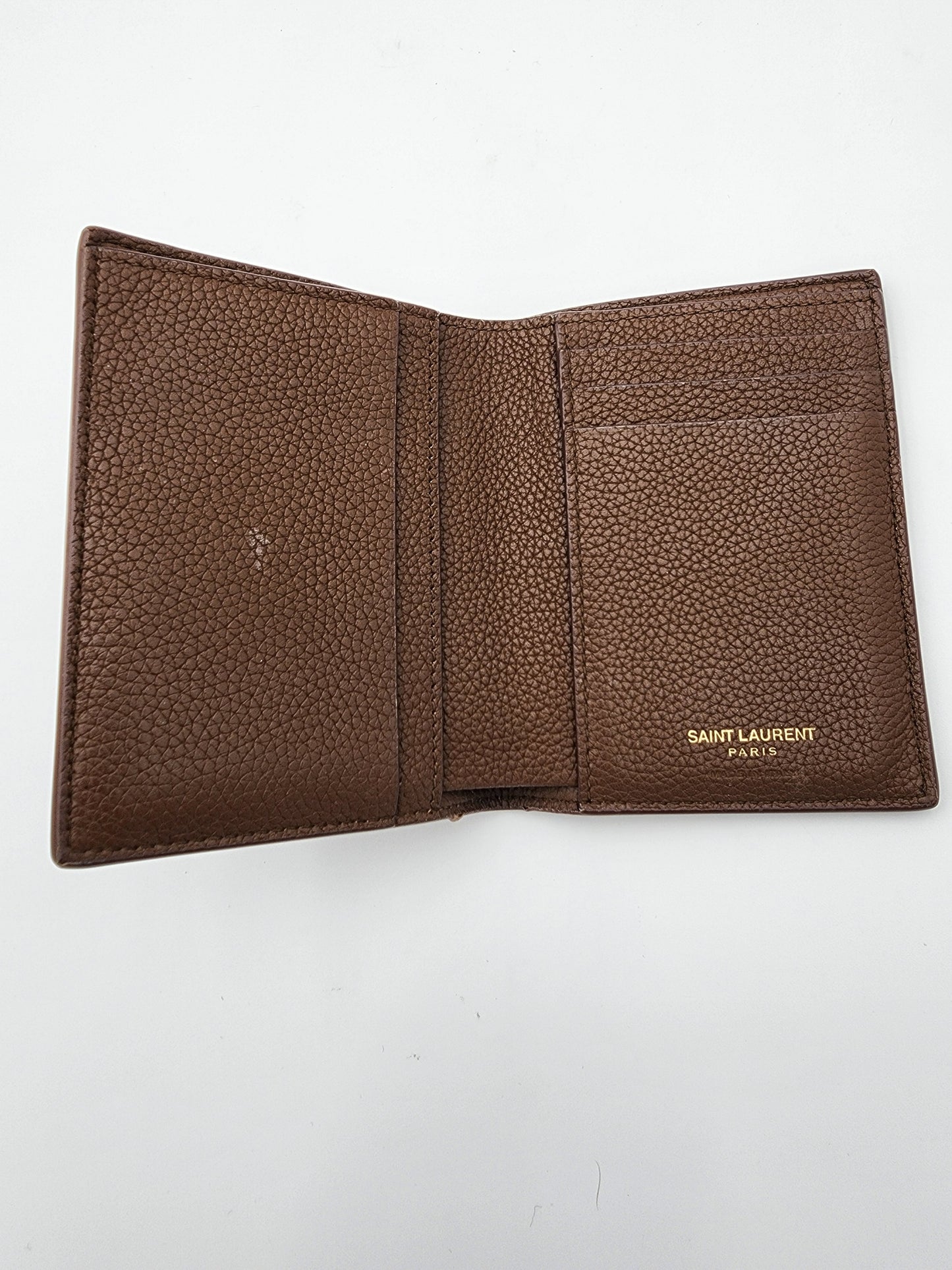 Saint Laurent Tiny Cassandre Credit Card Wallet in Toasted Brown Grained Leather