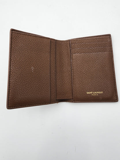 Saint Laurent Tiny Cassandre Credit Card Wallet in Toasted Brown Grained Leather