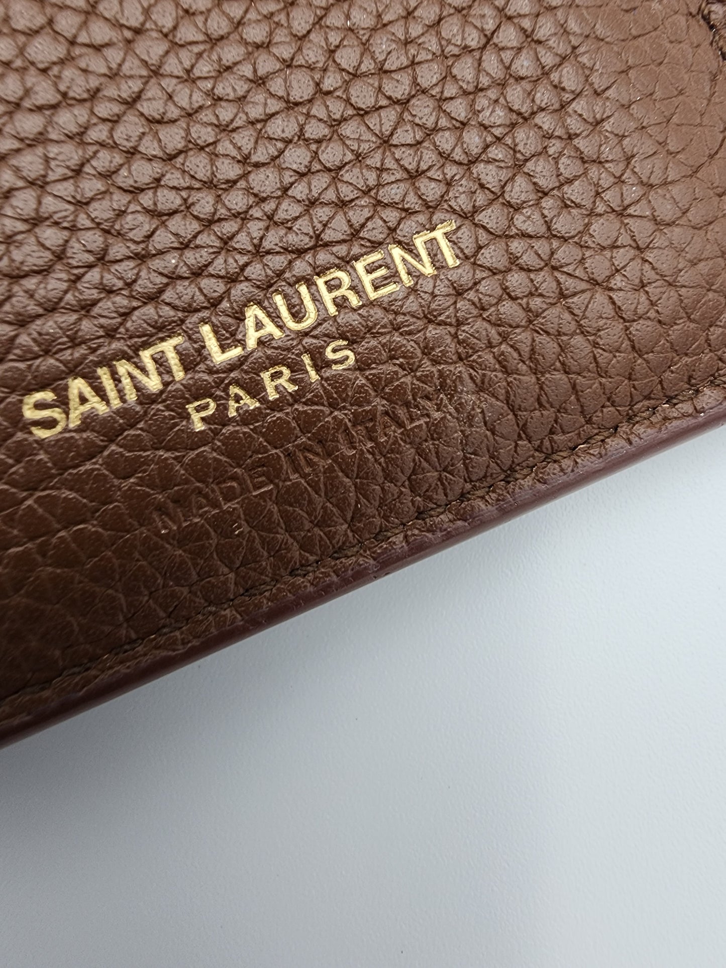 Saint Laurent Tiny Cassandre Credit Card Wallet in Toasted Brown Grained Leather