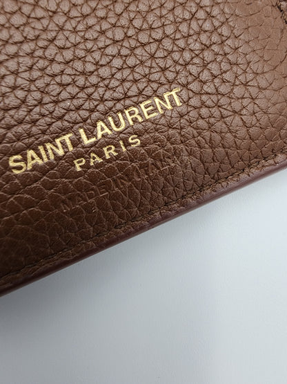 Saint Laurent Tiny Cassandre Credit Card Wallet in Toasted Brown Grained Leather