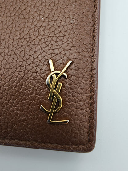 Saint Laurent Tiny Cassandre Credit Card Wallet in Toasted Brown Grained Leather