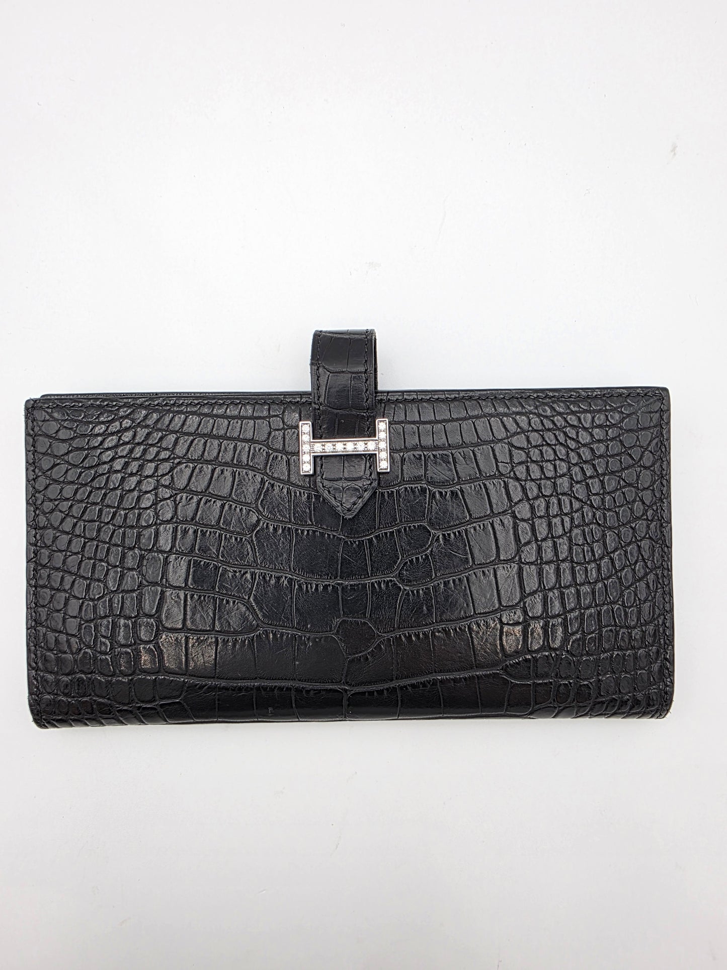 Hermès Béarn Long Wallet Alligator Leather In Noir with Diamond H Clasp