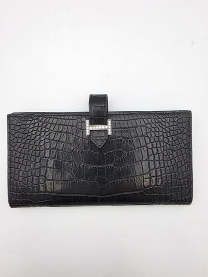 Hermès Béarn Long Wallet Alligator Leather In Noir with Diamond H Clasp